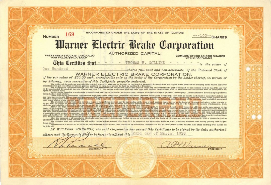Warner Electric Brake Corp. - 1928 dated Stock Certificate