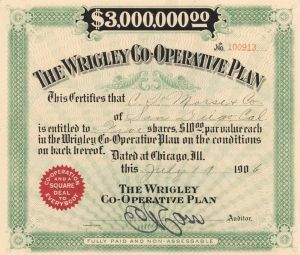 Wrigley Co-Operative Plan - 1906 dated Stock Certificate