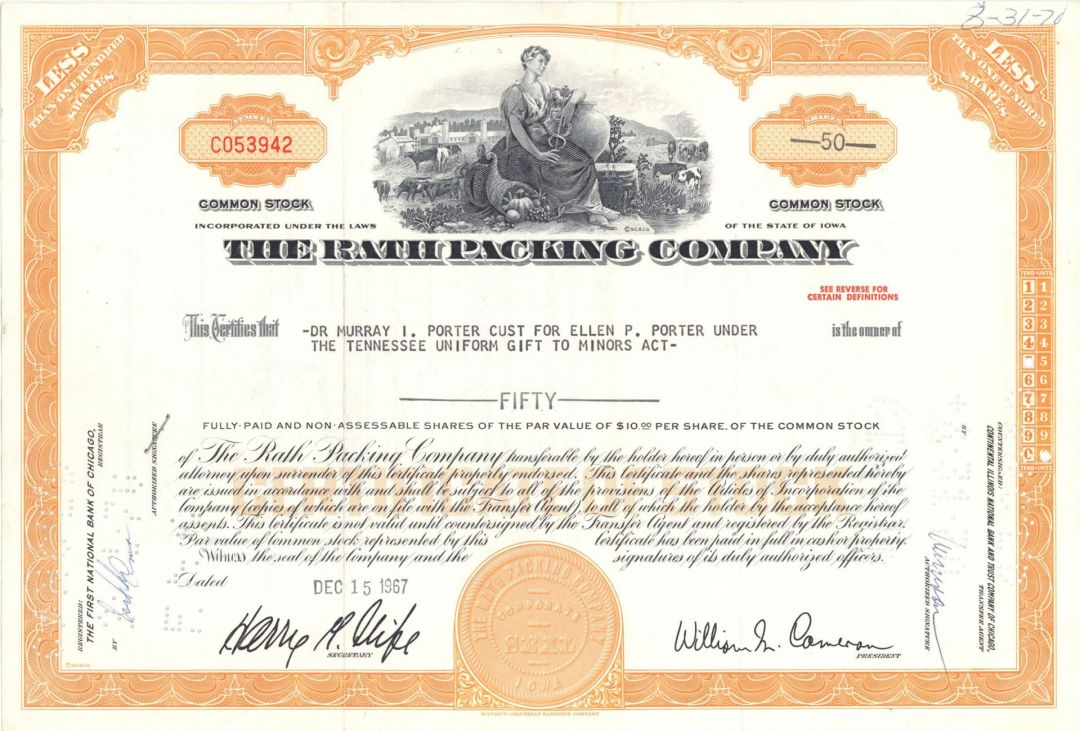 Rath Packing Co. - 1967 dated Stock Certificate