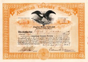 American Grocers Society - 1919 dated Stock Certificate
