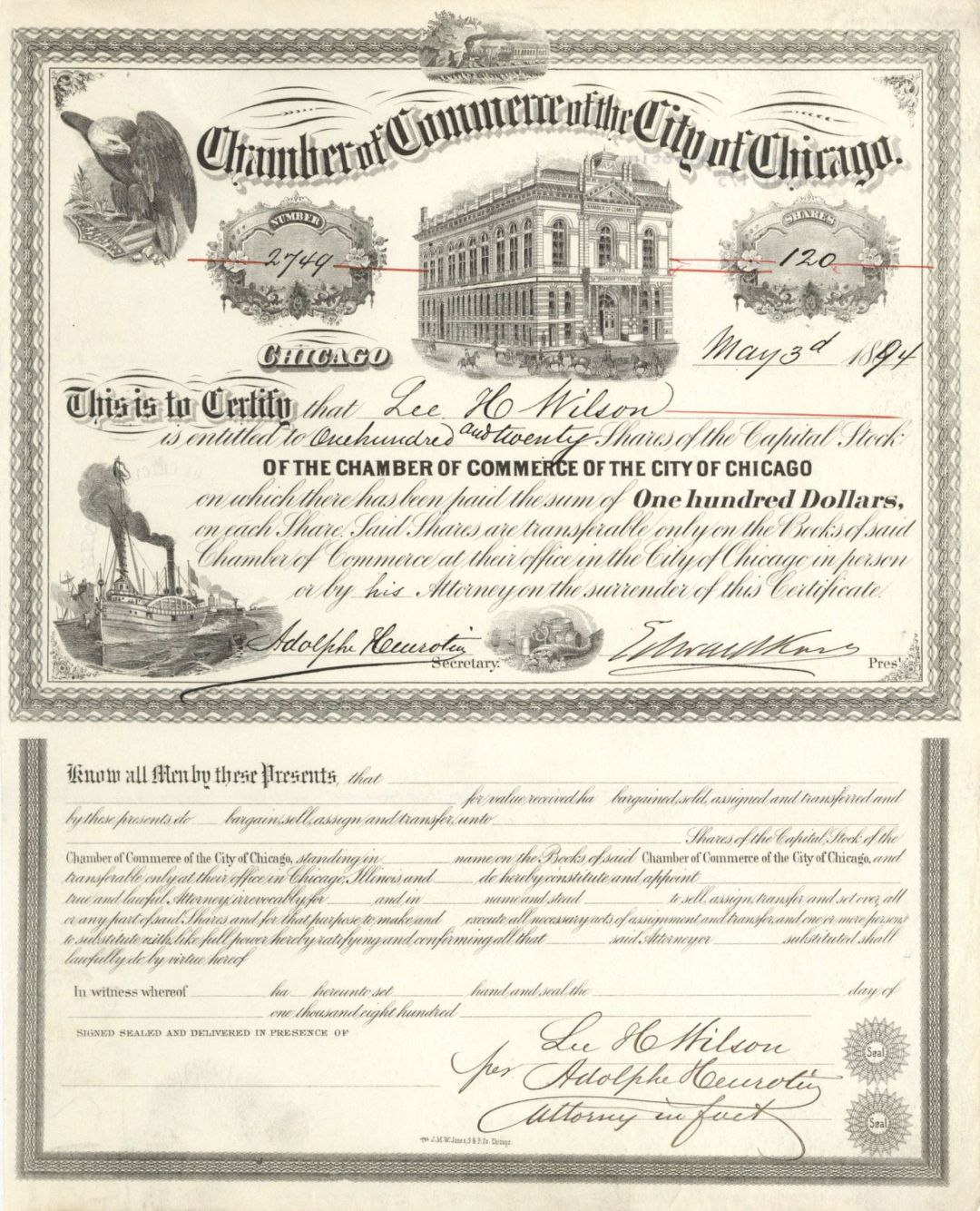 Chamber of Commerce of the City of Chicago - 1887 or 1894 dated Stock Certificate