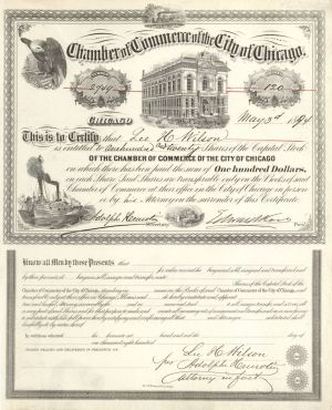 Chamber of Commerce of the City of Chicago - 1894 dated Stock Certificate