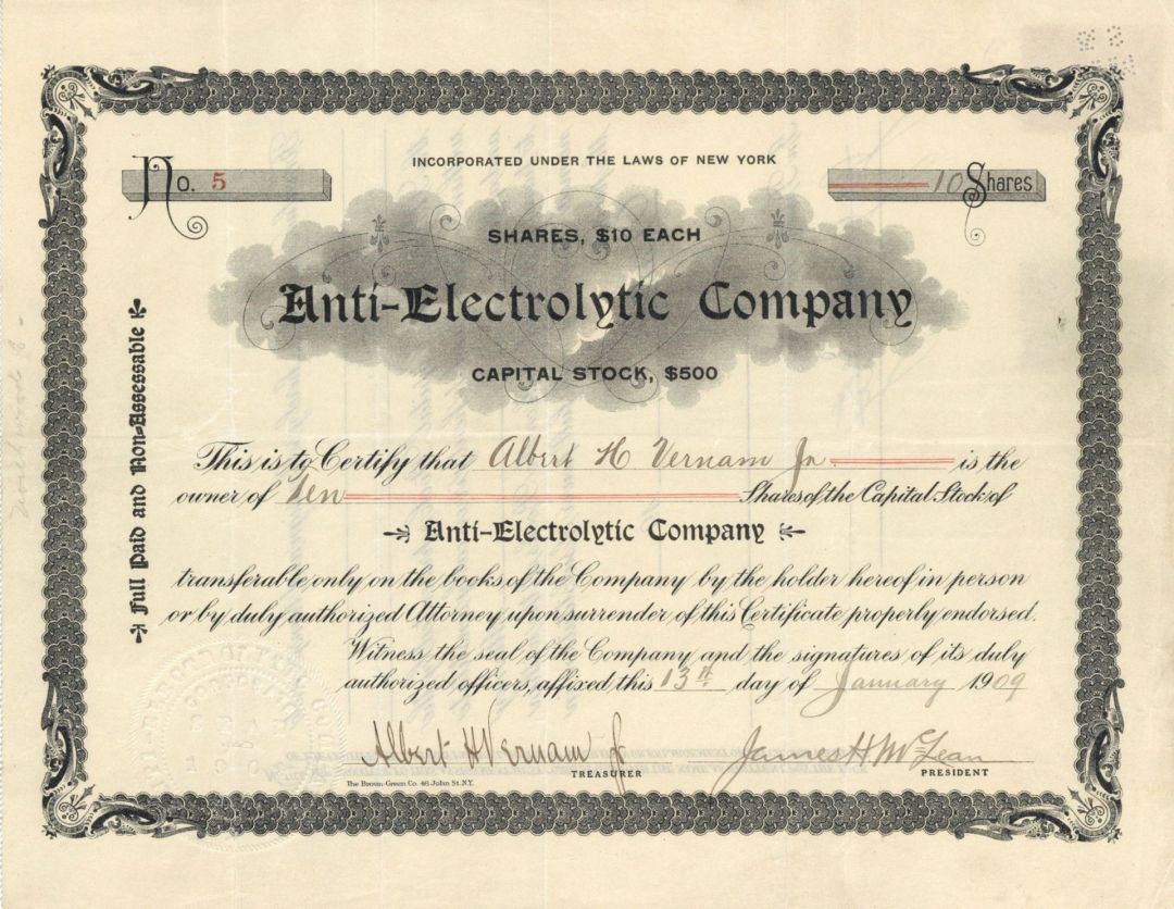 Antii-Electrolytic Co. - 1909 dated Stock Certificate
