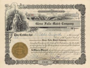 Glens Falls Match Co. - 1910 dated Stock Certificate - Glens Falls, New York