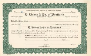H. Liebes and Co. of Portland - Unissued Stock Certificate