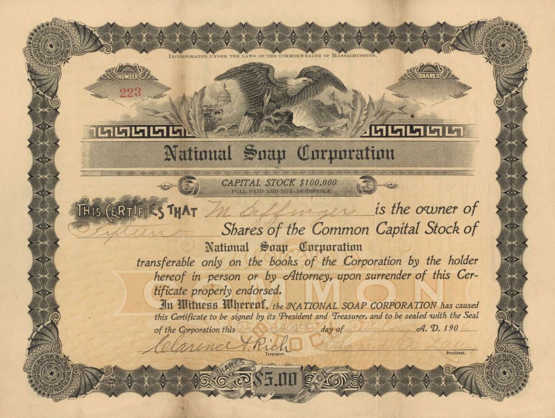 National Soap Corp.  - 1906 dated Stock Certificate (Uncanceld)