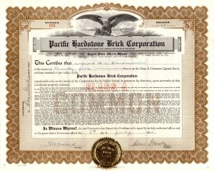 Pacific Hardstone Brick Corp.  - 1933 or 1935 dated Stock Certificate (Uncanceled)