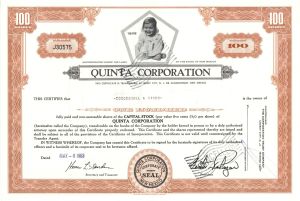 Quinta Corp.  - 19613 or 1963 dated Stock Certificate