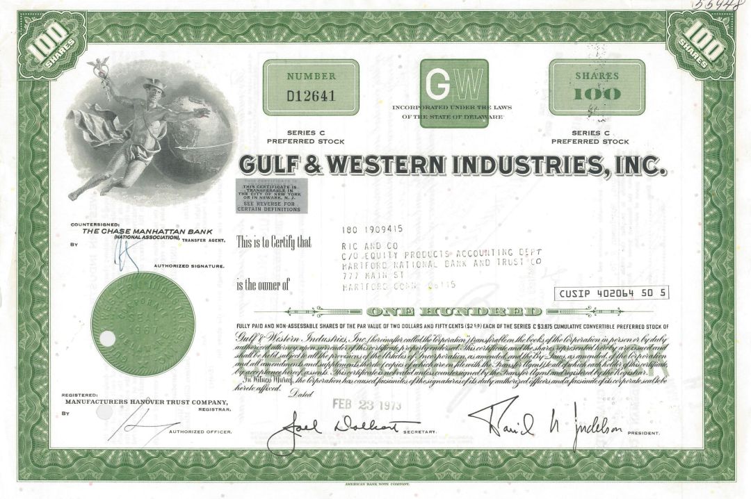 Gulf and Western Industries, Inc. - 1973 dated Stock Certificate