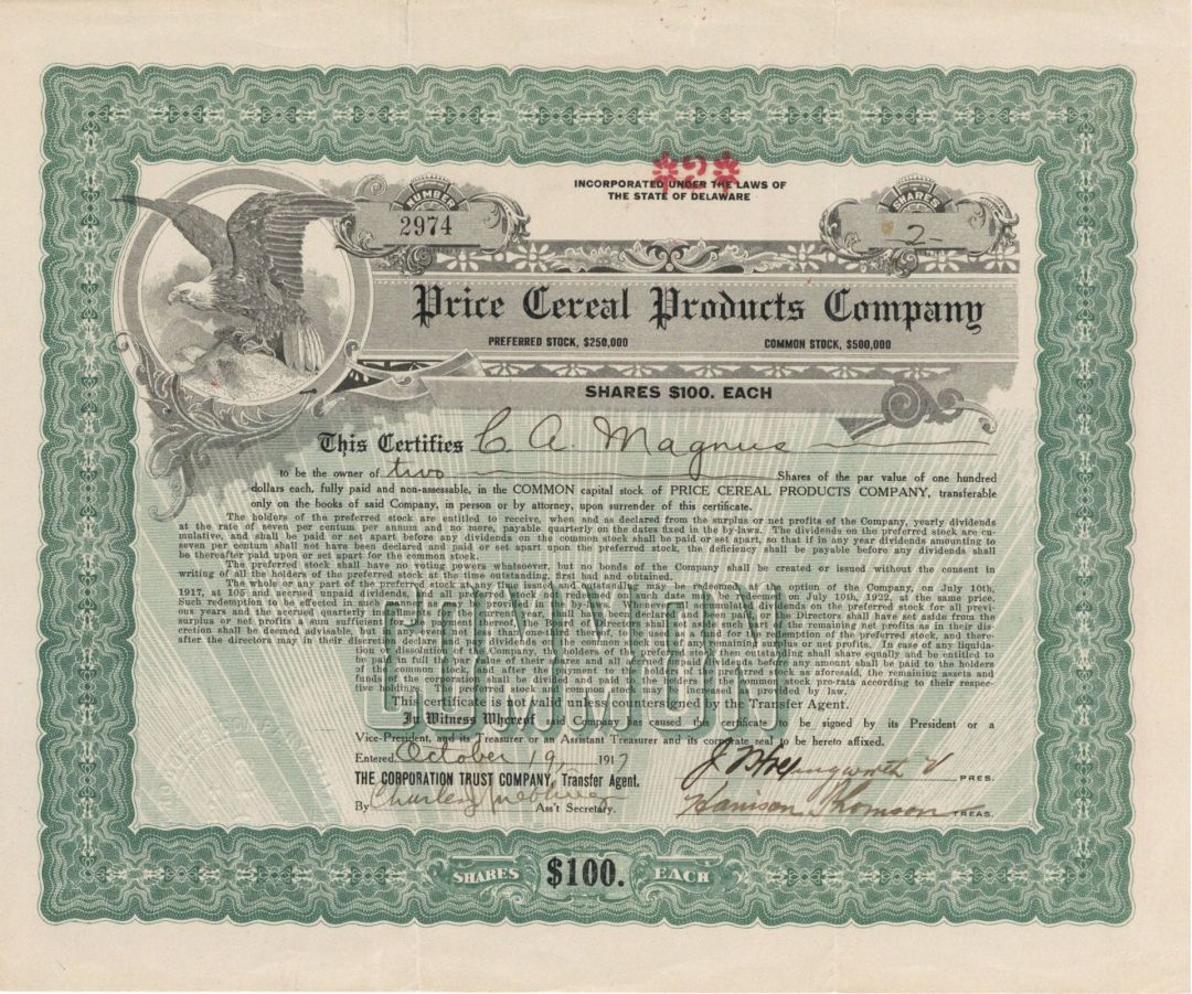Price Cereal Products Co. - 1917 dated Stock Certificate