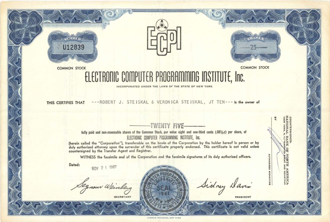 Electronic Computer Programming Institute, Inc.(ECPI) -  1967 dated Stock Certificate