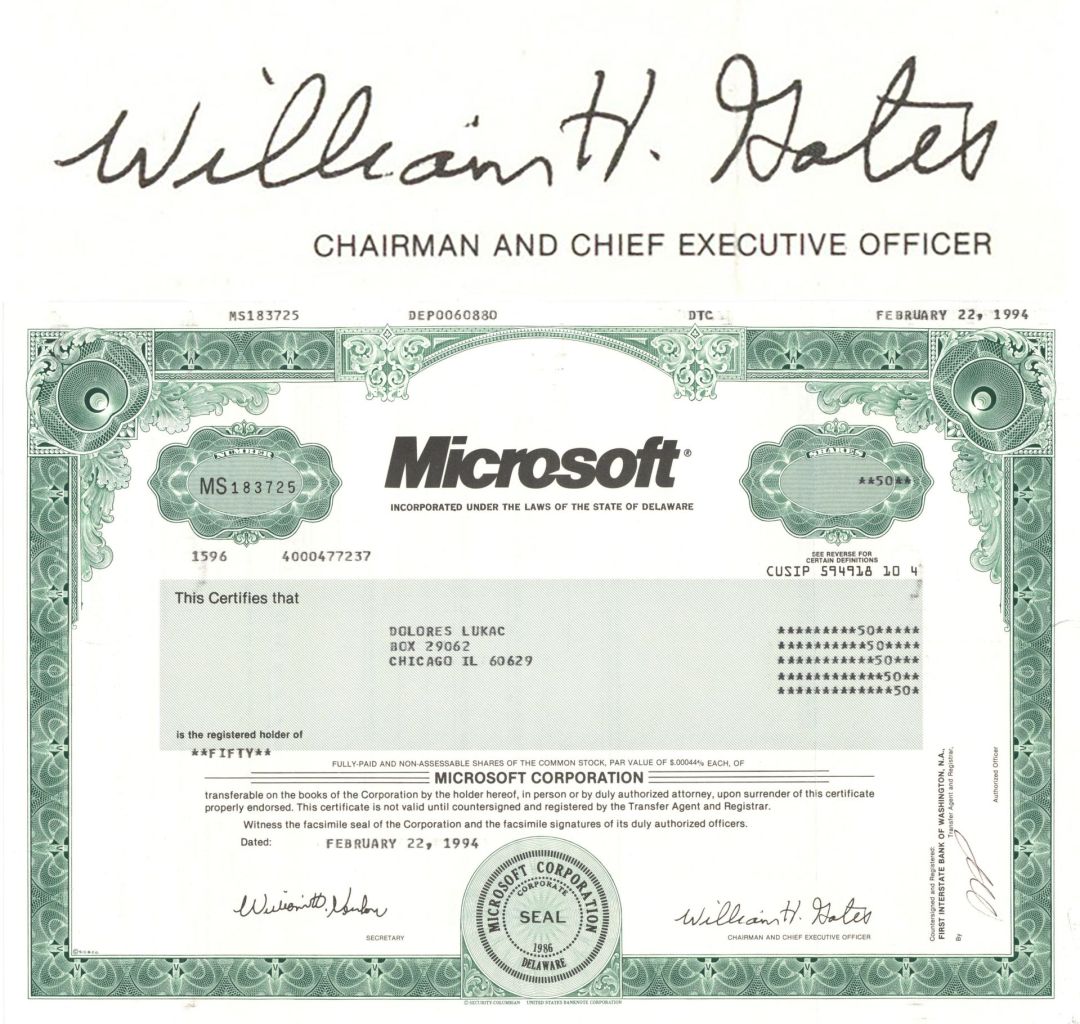 Microsoft - Printed Signature of William "Bill" H. Gates - 1994 dated Stock Certificate - Very Rare Issued