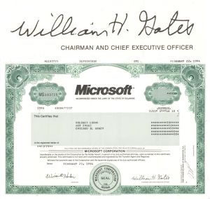 Microsoft - Printed Signature of William "Bill" H. Gates - 1994 dated Stock Certificate - Very Rare Issued