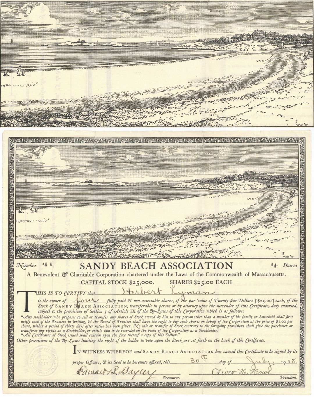 Sandy Beach Association - Huge Beach Vignette - Very Rare - 1918 dated Massachusetts Stock Certificate