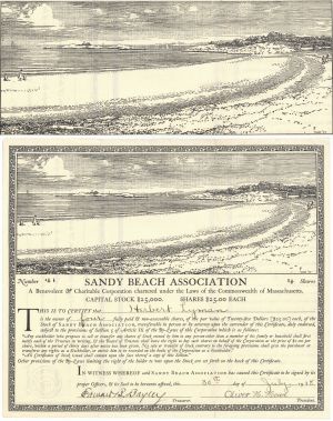 Sandy Beach Association - Huge Beach Vignette - Very Rare - 1918 dated Massachusetts Stock Certificate