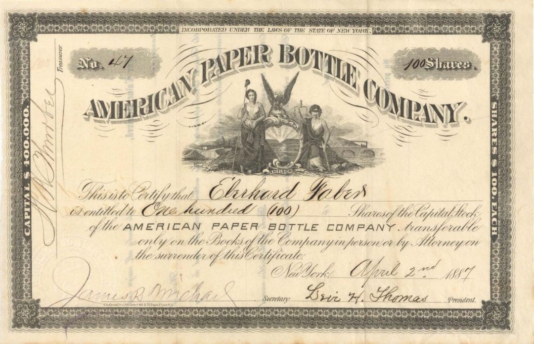 American Paper Bottle Co. issued to Eberhard Faber - 1887 dated Stock Certificate