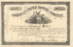 American Paper Bottle Co. issued to Eberhard Faber - 1887 dated Stock Certificate