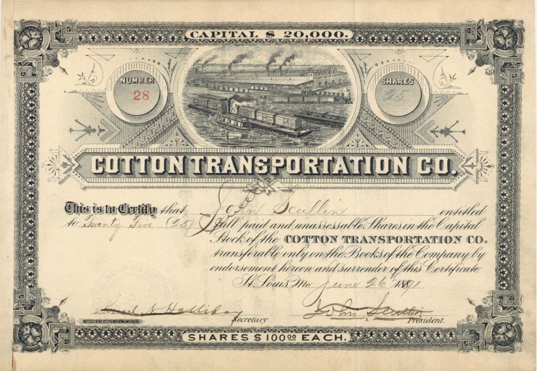Cotton Transportation Co. - 1891 dated Stock Certificate