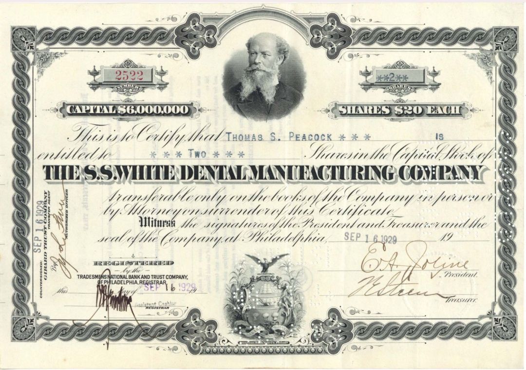 S.S. White Dental Manufacturing Co. - 1929 dated Stock Certificate