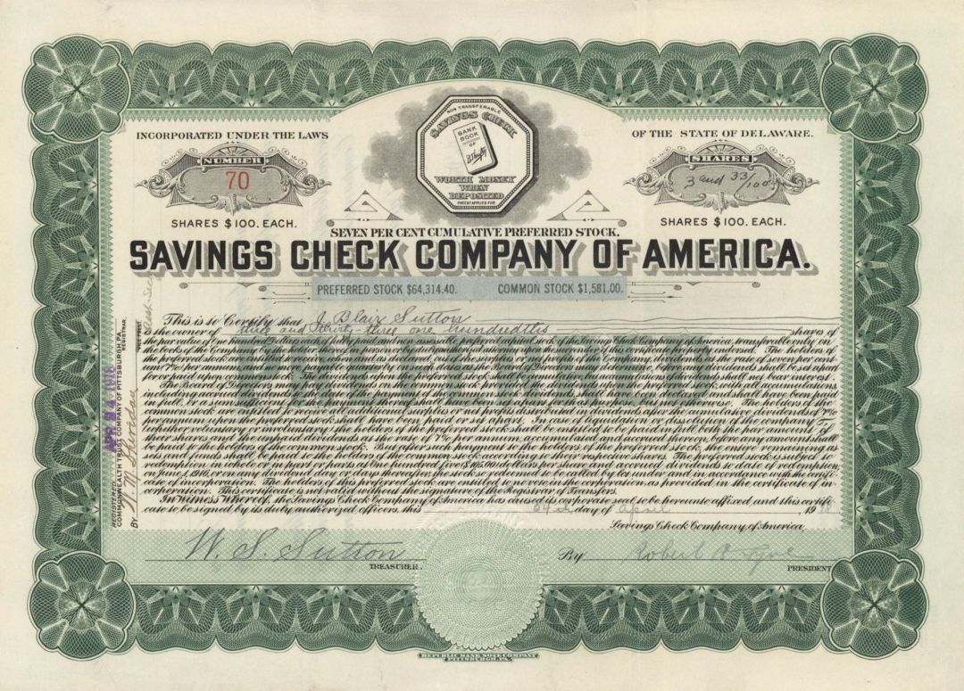 Savings Check Company of America  - 1918 dated Stock Certificate
