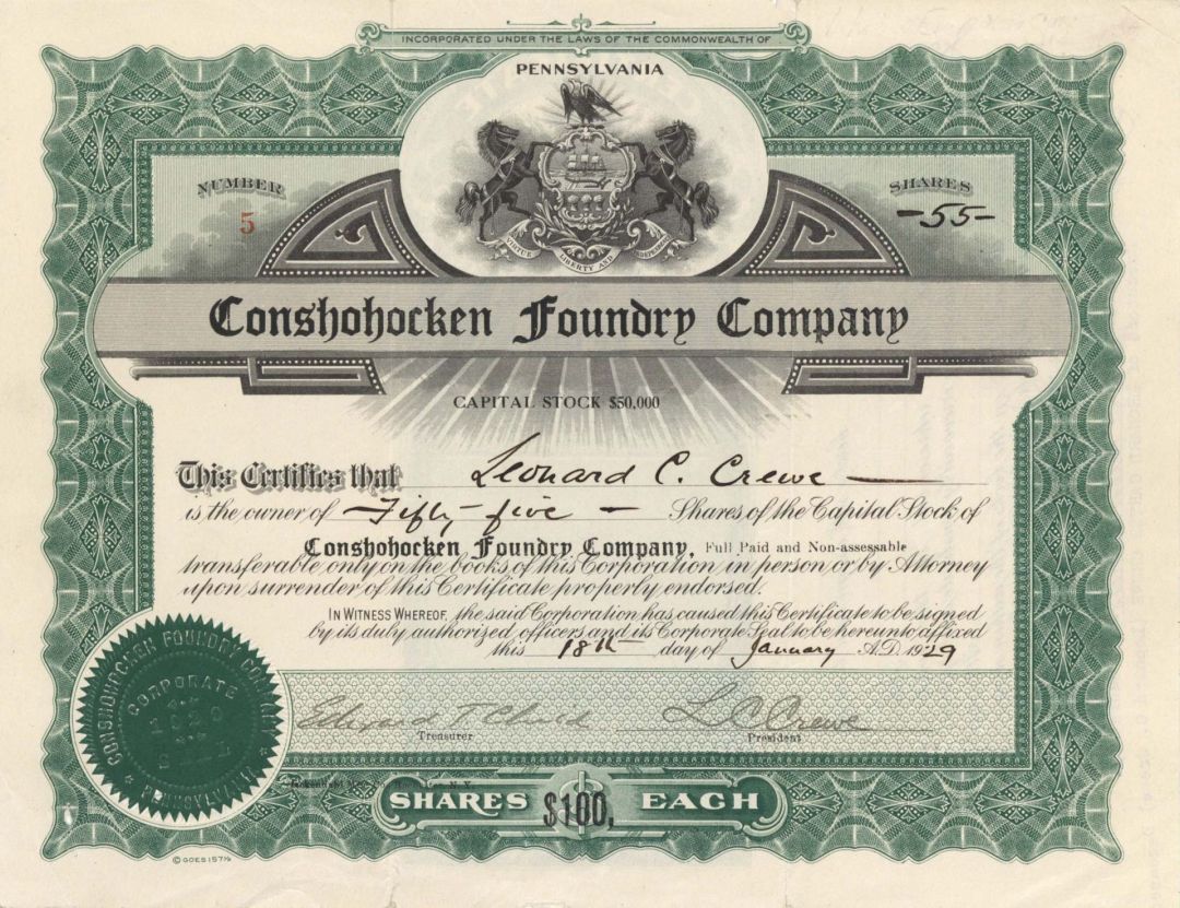 Conshohocken Foundry Co. - 1929 dated Stock Certificate
