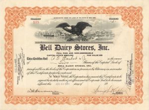 Bell Dairy Stores, Inc. - 1929 dated Stock Certificate