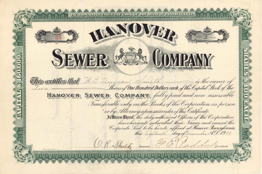 Hanover Sewer Co. - 1911 dated Stock Certificate