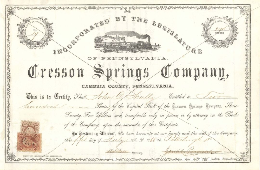 Cresson Springs Co. - 1866 dated Stock Certificate
