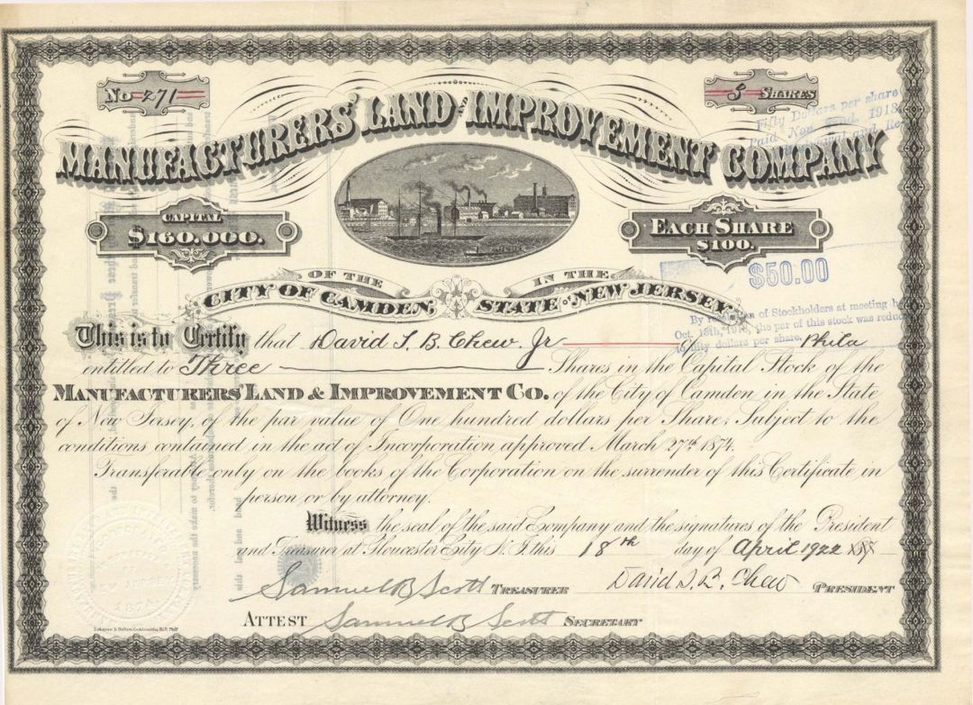 Manufacturers' Land and Improvement  Co. - 1922 dated Stock Certificate
