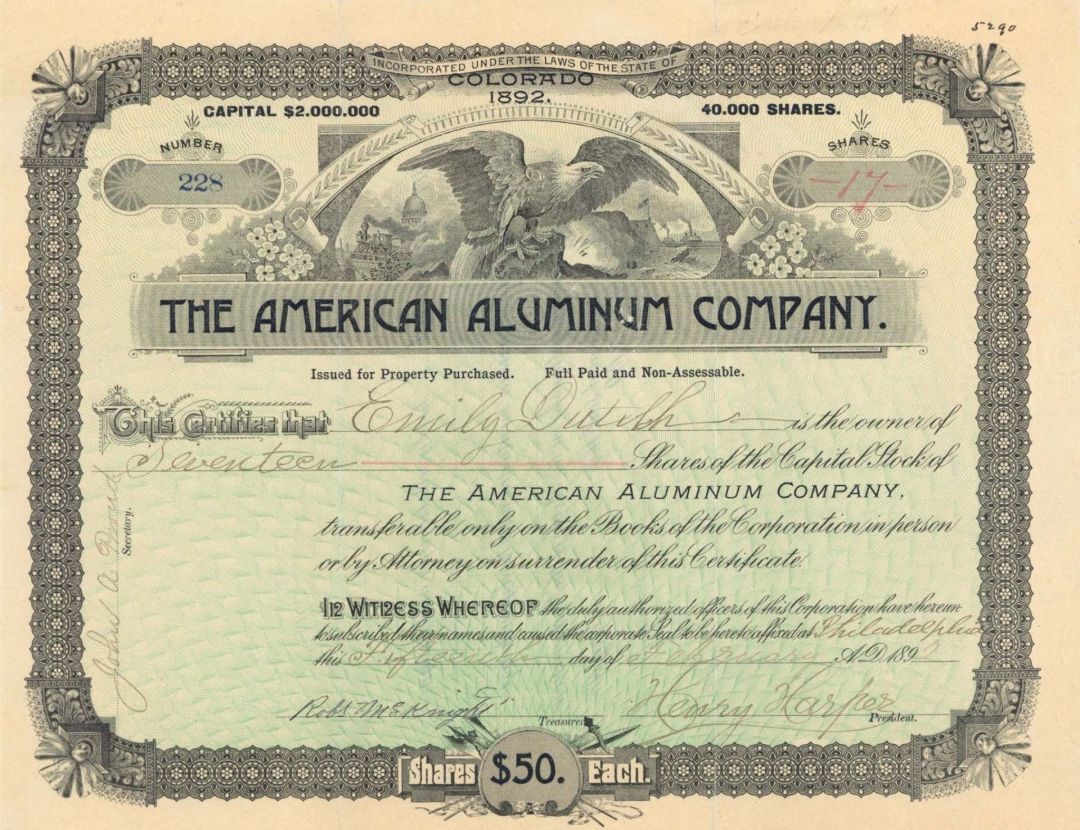 American Aluminum Co. - 1892 dated Stock Certificate
