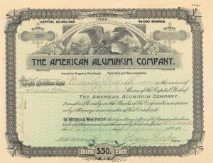 American Aluminum Co. - 1892 dated Stock Certificate