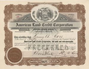 American Land Credit Corp. - 1914 dated Stock Certificate