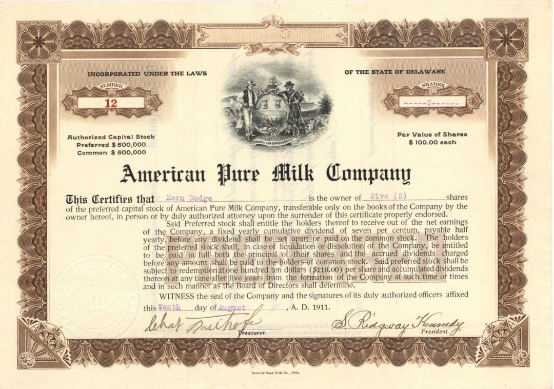 American Pure Milk Co. - 1911 dated Stock Certificate