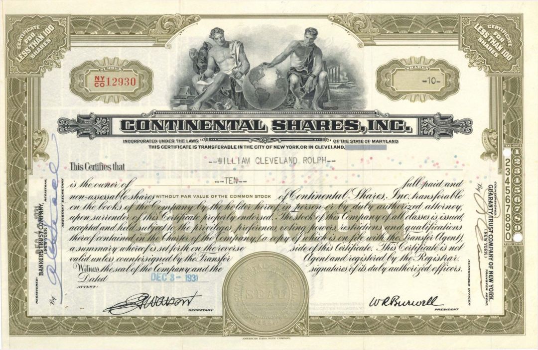 Continental Shares, Inc. - 1931 dated Stock Certificate