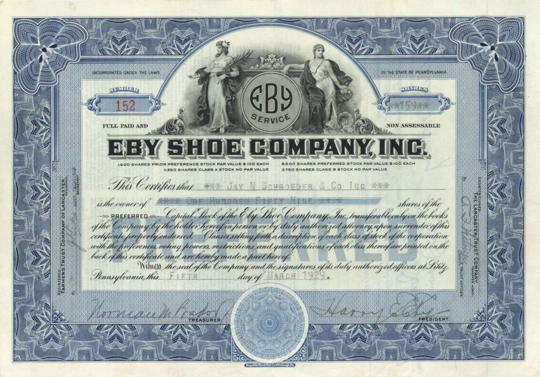 Eby Shoe Company, Inc. - 1929 dated Stock Certificate