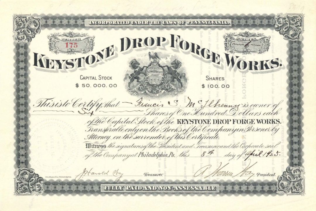 Keystone Drop Forge Works - 1925 dated Stock Certificate