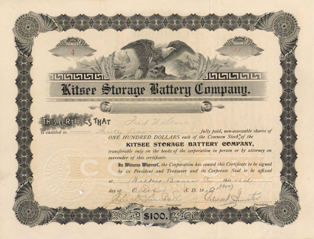 Kitsee Storage Battery Co. - 1906 (1907) dated Stock Certificate