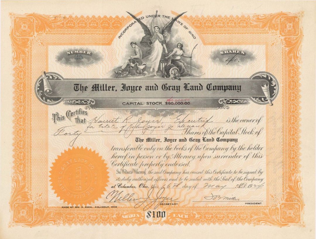 Miller, Joyce and Gray Land Co. - 1924 dated Stock Certificate
