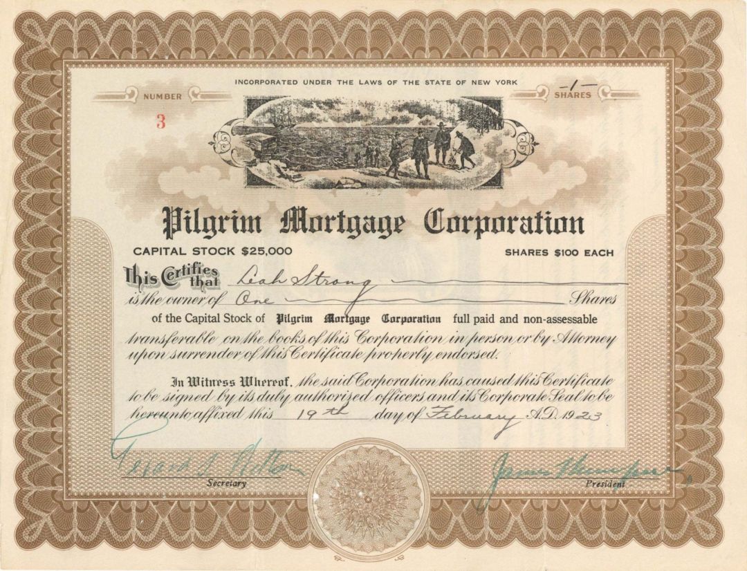 Pilgrim Mortgage Corp. - 1923 dated Stock Certificate