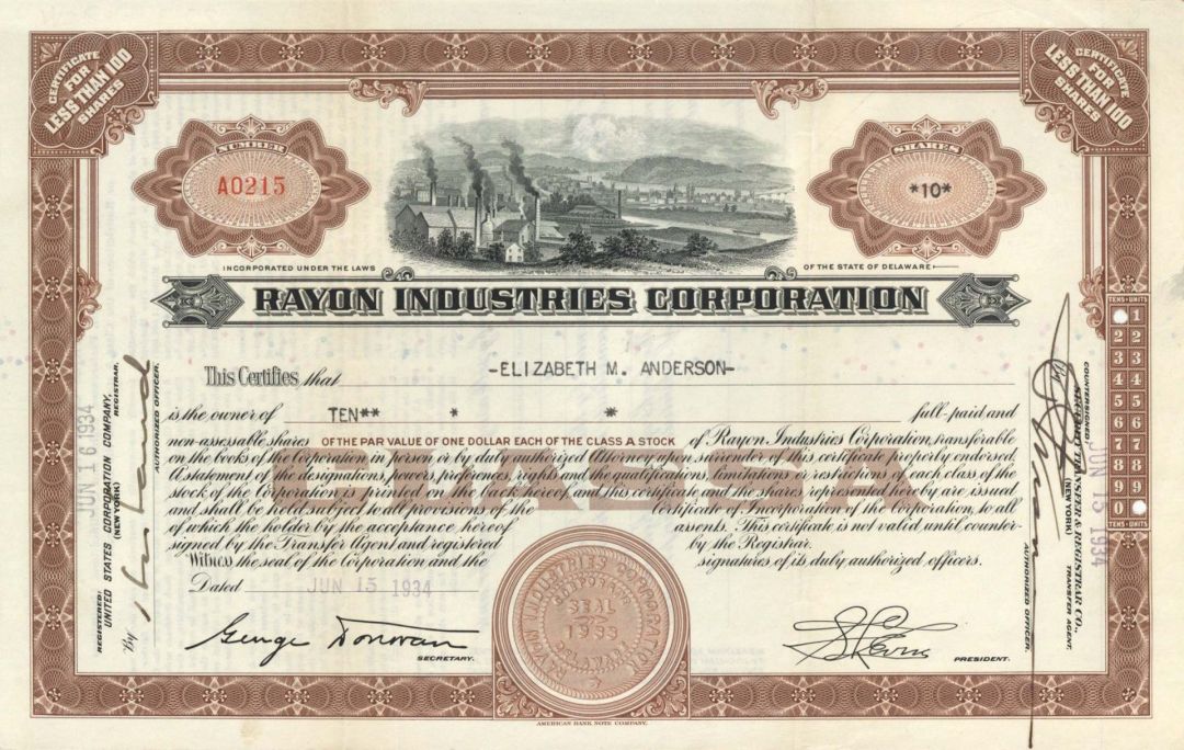 Rayon Industries Corp. - 1934 dated Stock Certificate