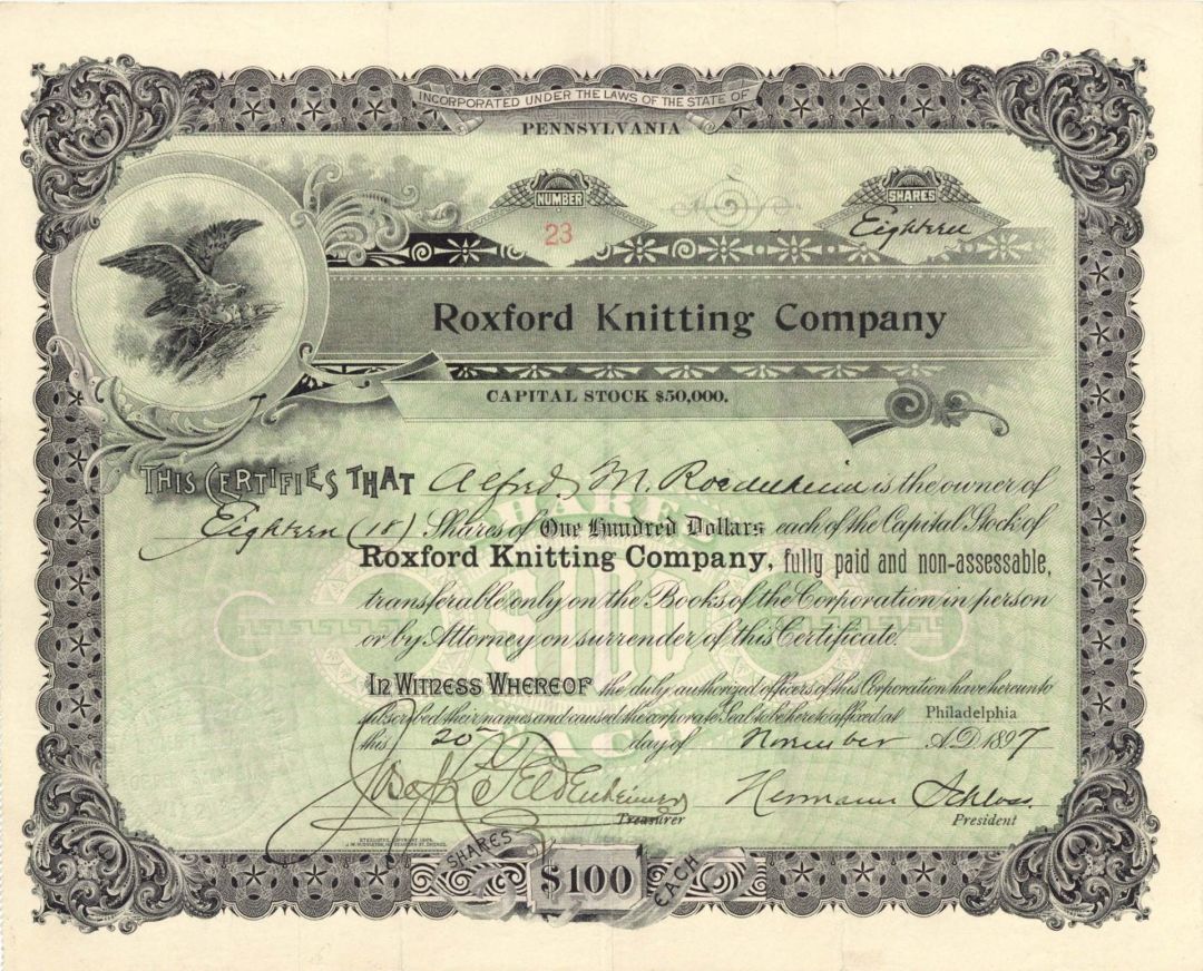 Roxford Knitting Co. - 1897 dated Stock Certificate