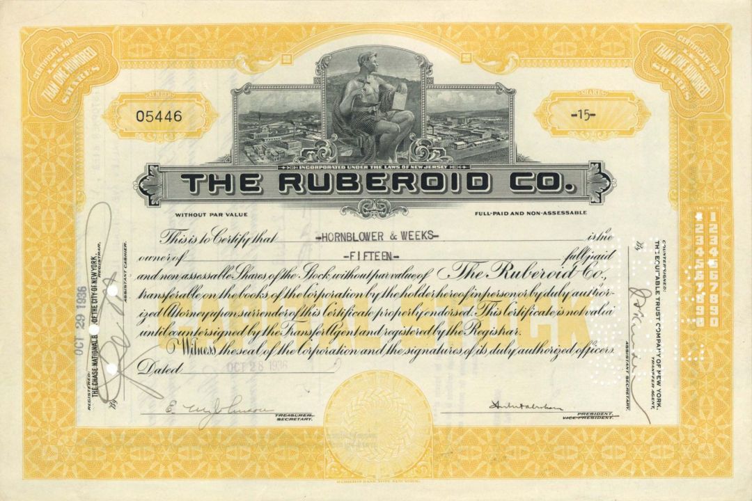 Ruberoid Co. - 1936 dated Stock Certificate