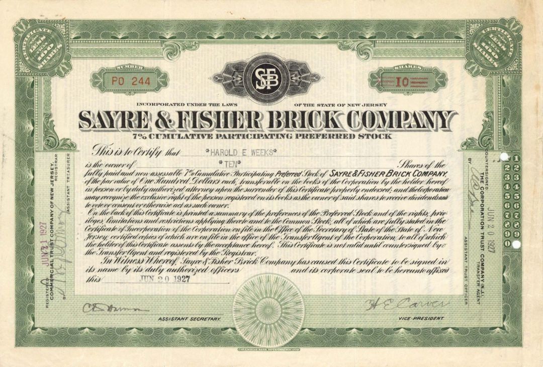 Sayre and Fisher Brick Co. - 1927 dated Stock Certificate