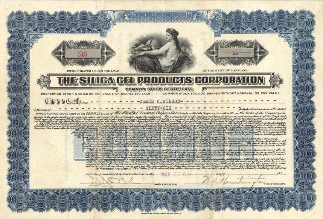 Silica Gel Products Corp. - 1924 dated Stock Certificate