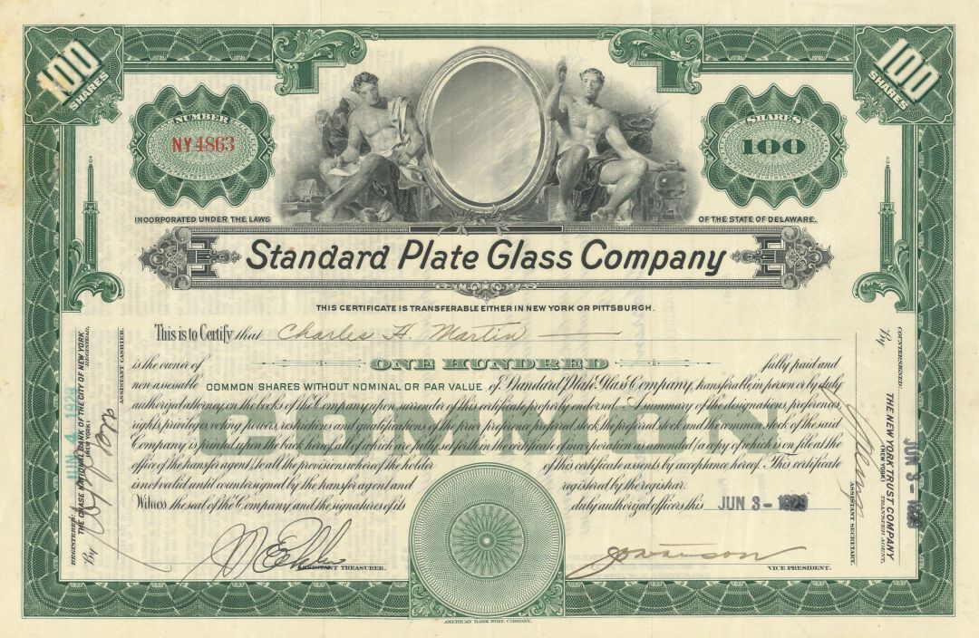 Standard Plate Glass Co. - 1924 or 1927 dated Stock Certificate