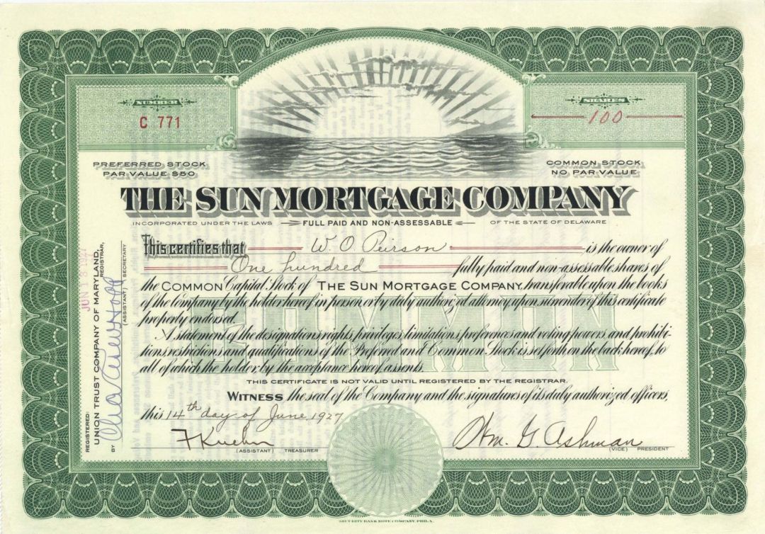 Sun Mortgage Co. - 1927 dated Stock Certificate