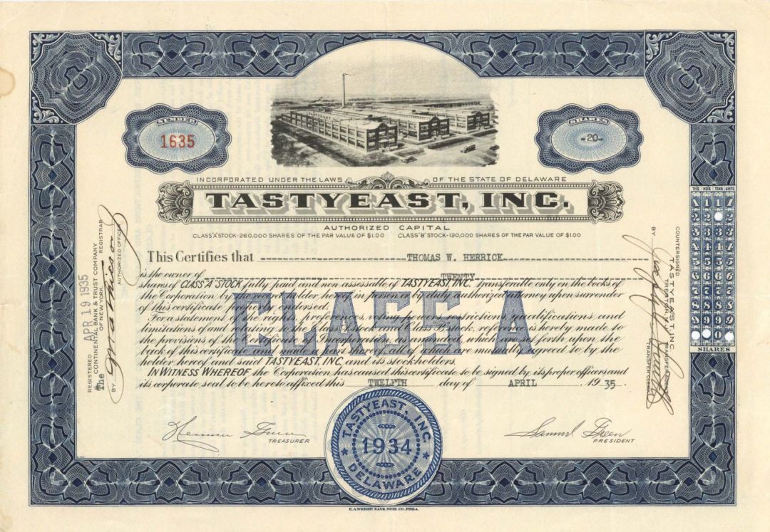 Tastyeast, Inc. - 1935 dated Stock Certificate