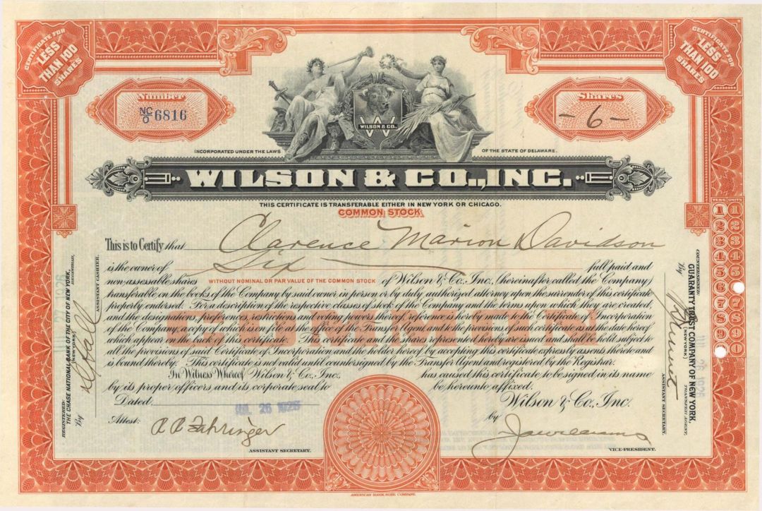 Wilson and Co., Inc. - 1926 dated Stock Certificate