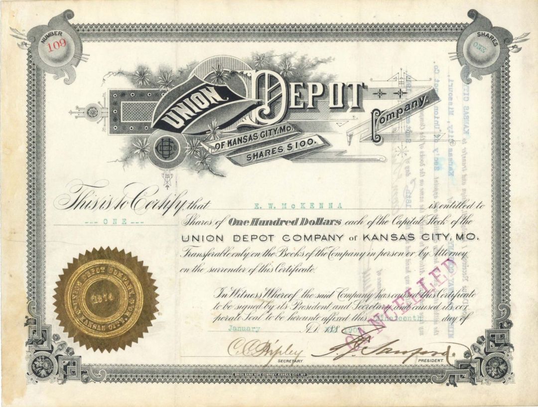 Union Depot Company of Kansas City, MO. - 1907 dated Stock Certificate