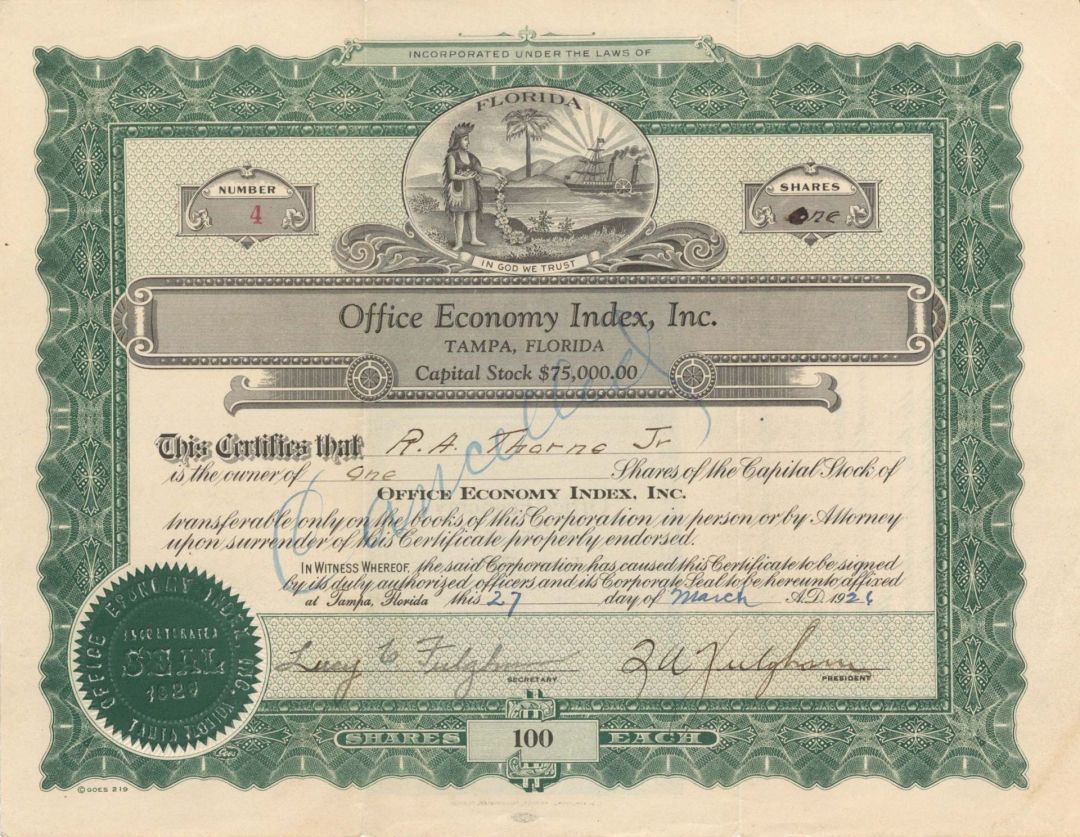 Office Economy Index, Inc. - 1926 dated Stock Certificate